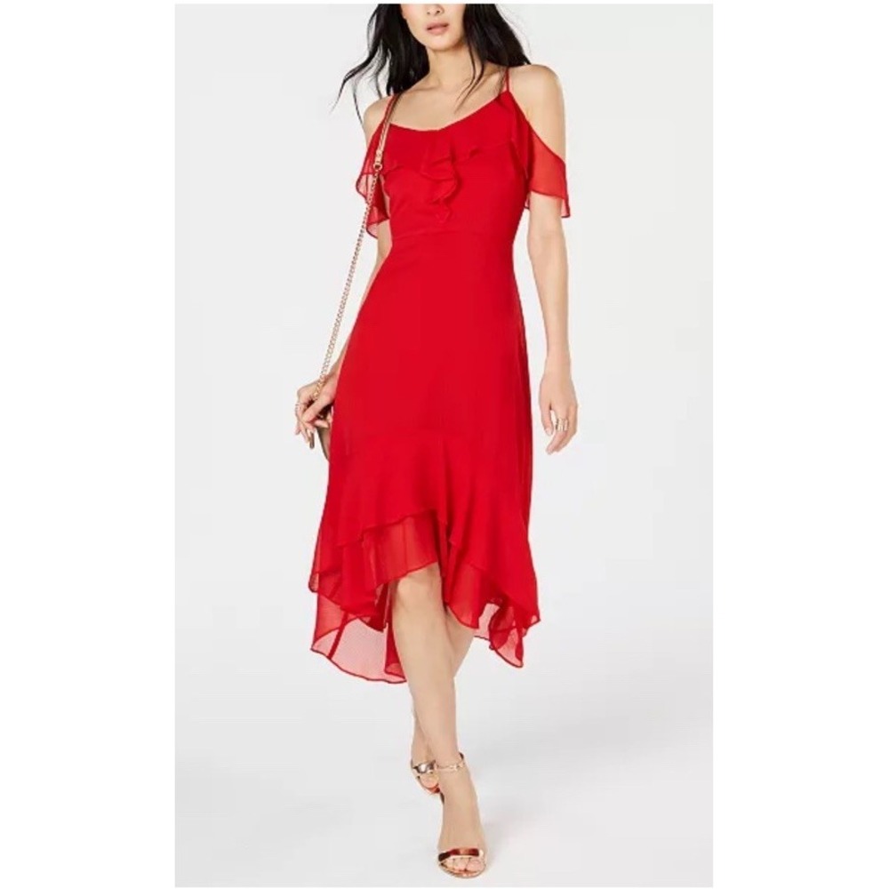 NWT-INC International Concepts Solid Cold Shoulder Midi Dress Red Womens Size 14